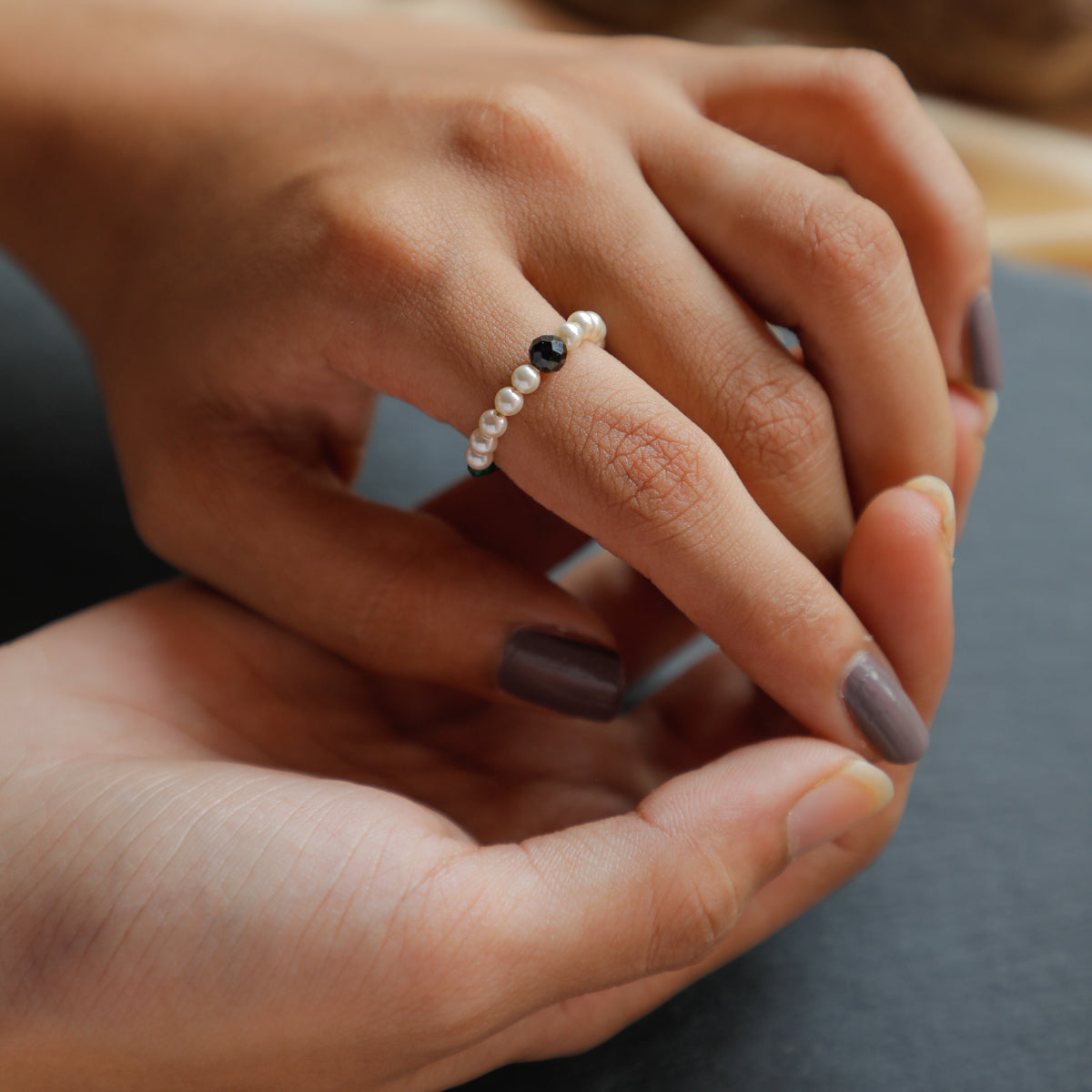 Pearl and Black Spinel Beaded Ring with Green Onyx