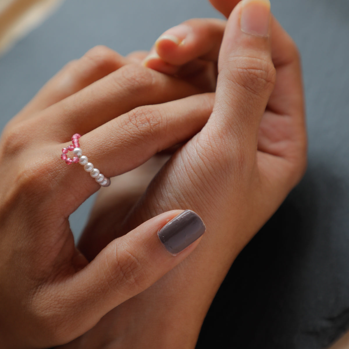 Silver Pearls Ring with Ruby Stones