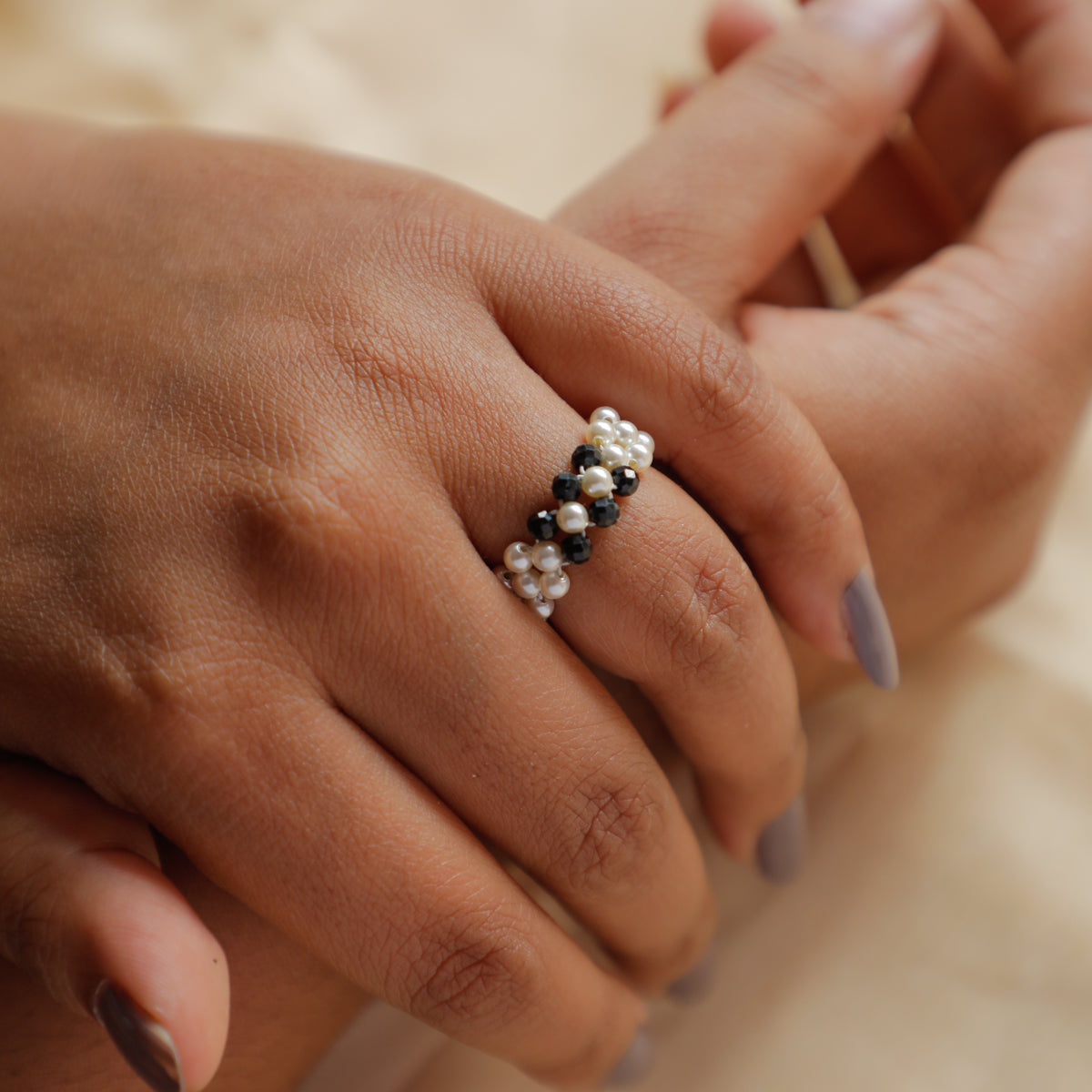 Silver Pearl Ring with Black Spinel