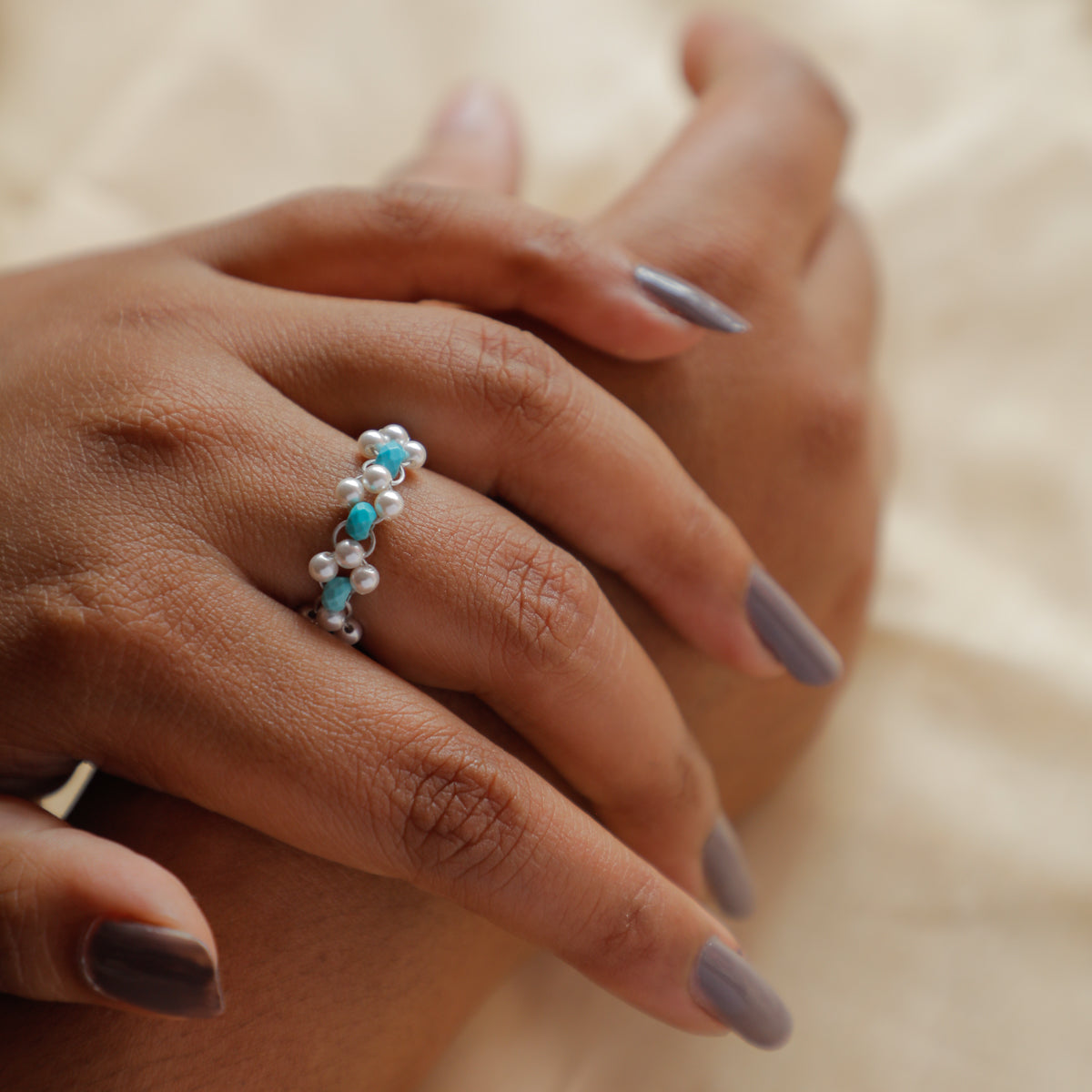 Turquoise and Pearl Beaded Ring