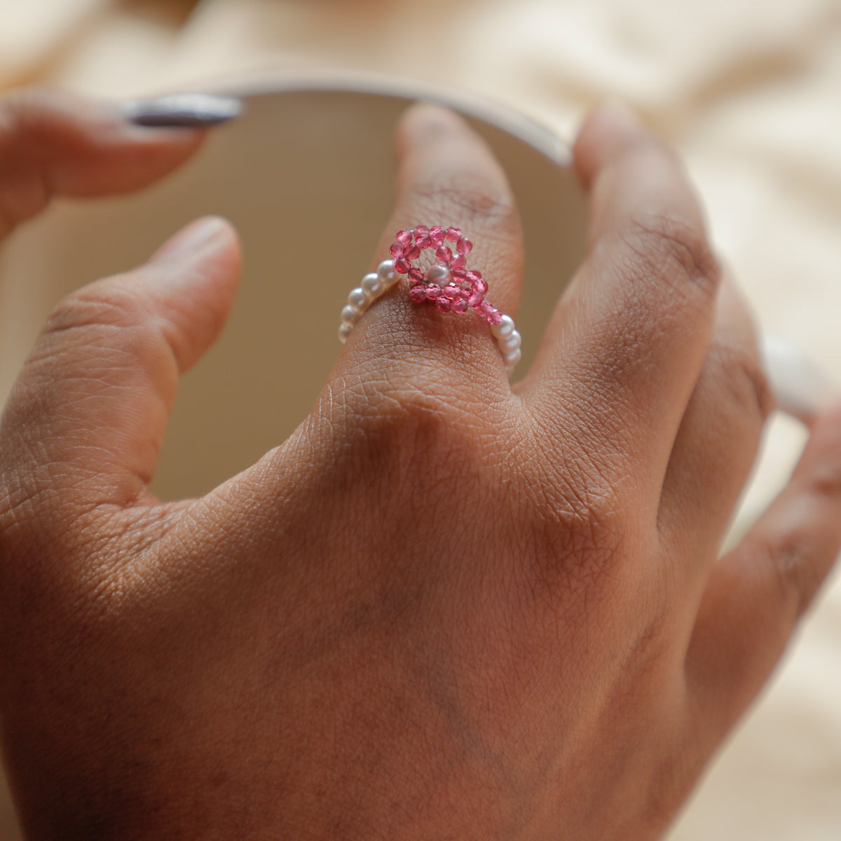 Silver Pearl Ring with Ruby Stones