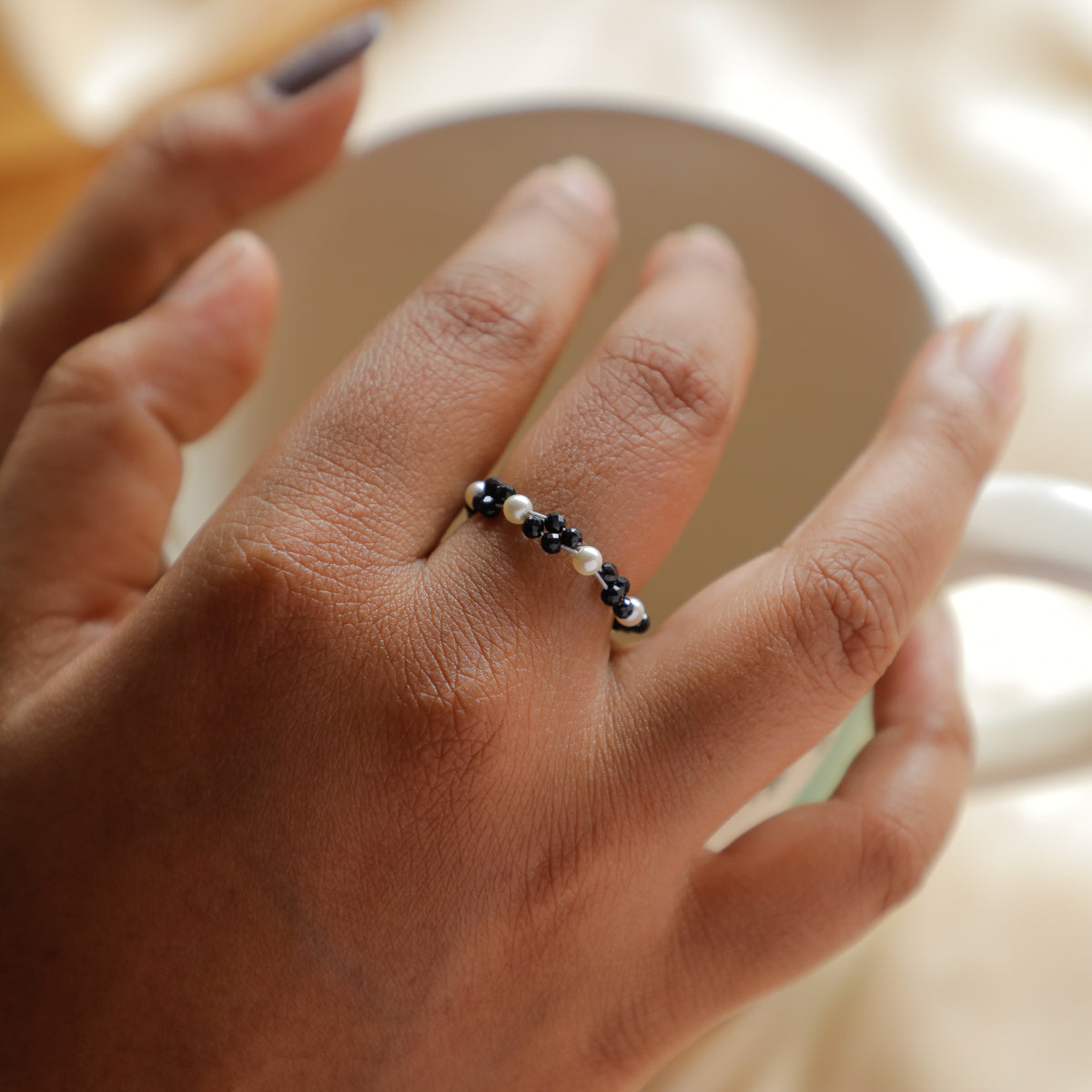 Silver Pearl Ring with Black Spinel