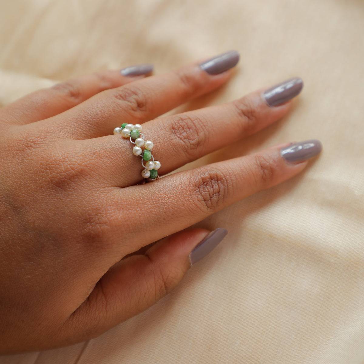 Silver Pearl Ring with Peridot Stones