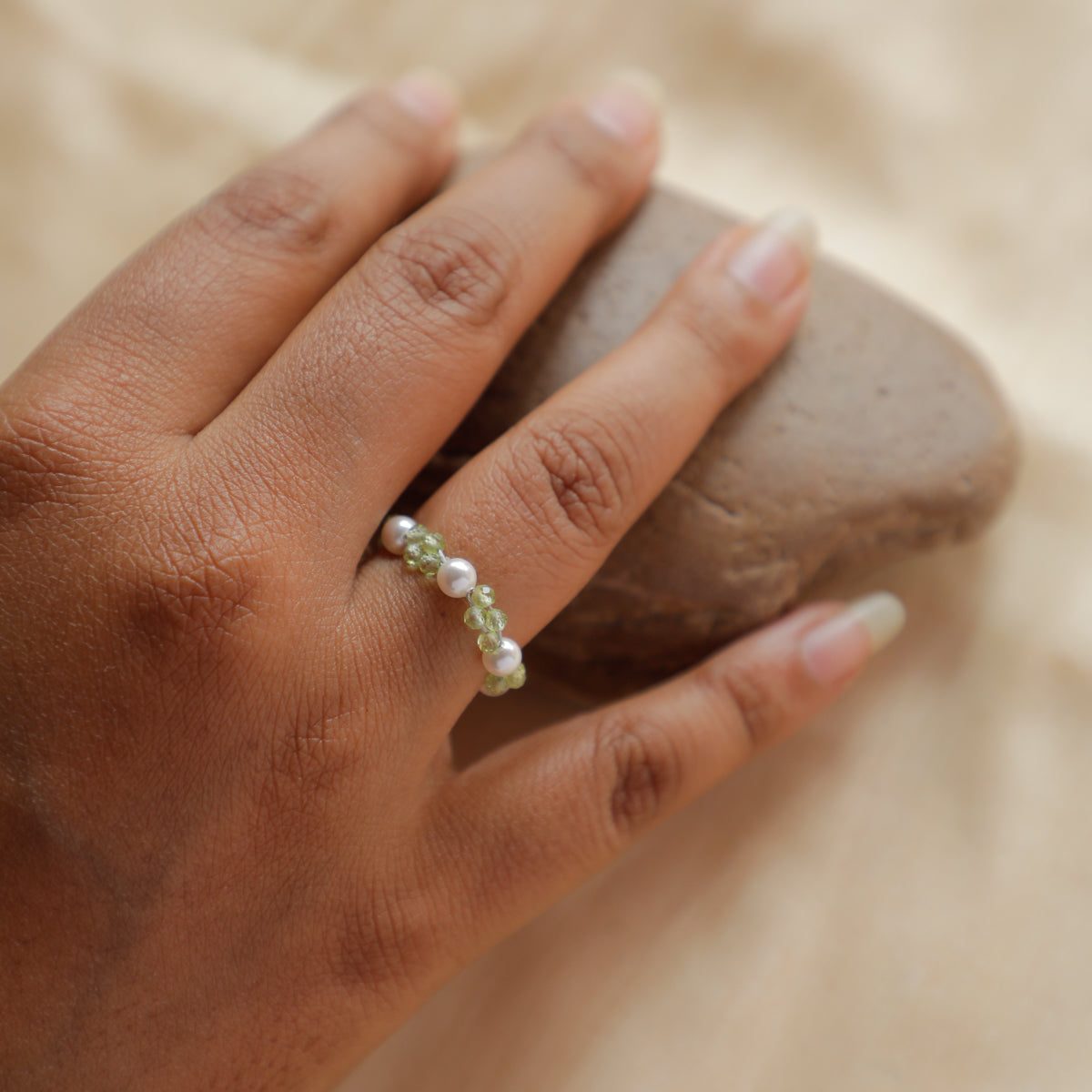 Peridot and Pearl Beaded Ring