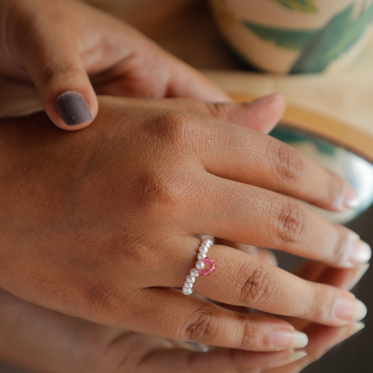 Silver Pearl Ring with Ruby Stones