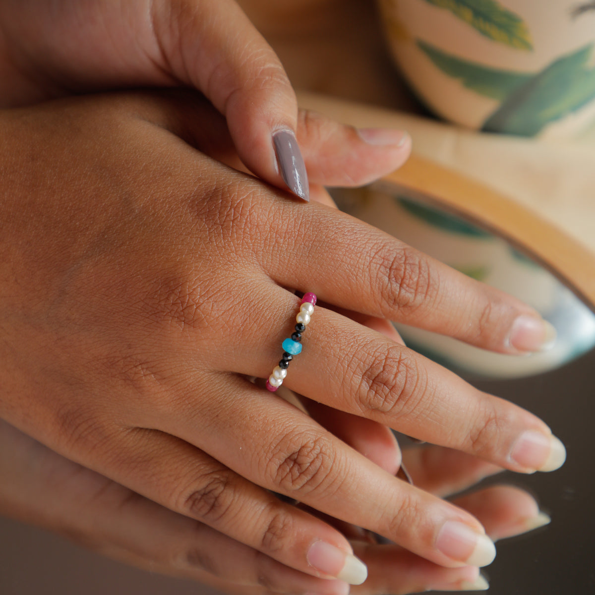 Multicolor Stones and Pearl beaded Ring