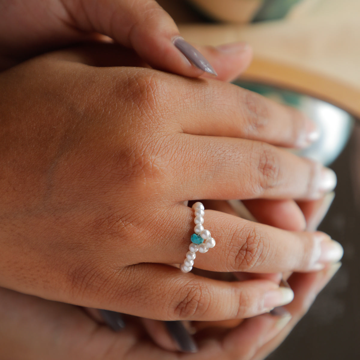 Turquoise and Pearl Beaded Ring