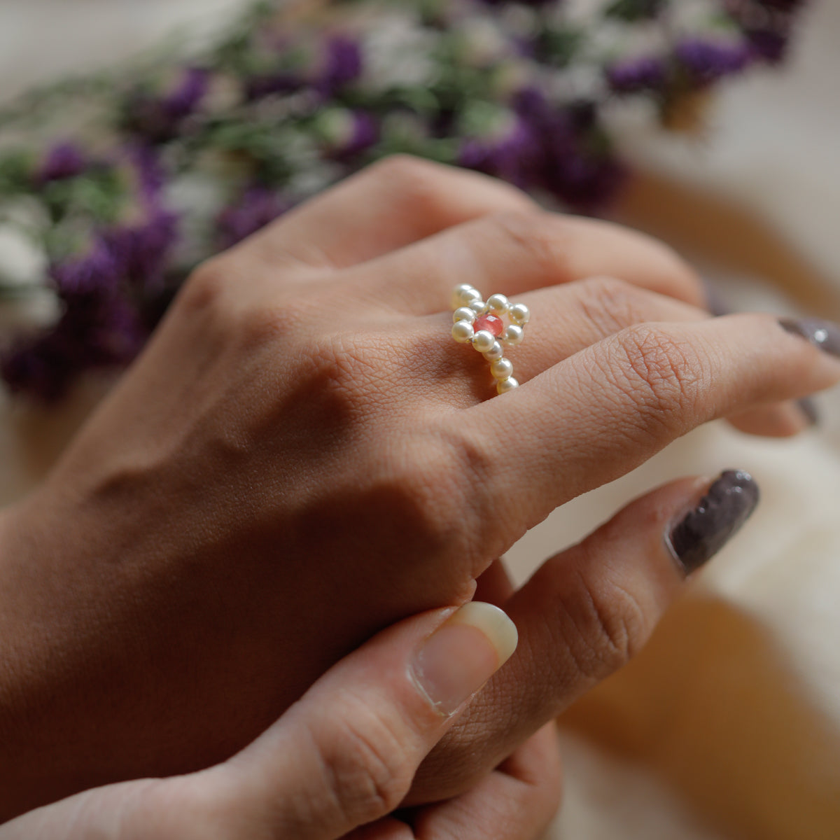 Silver Pearl Bow Ring with Ruby