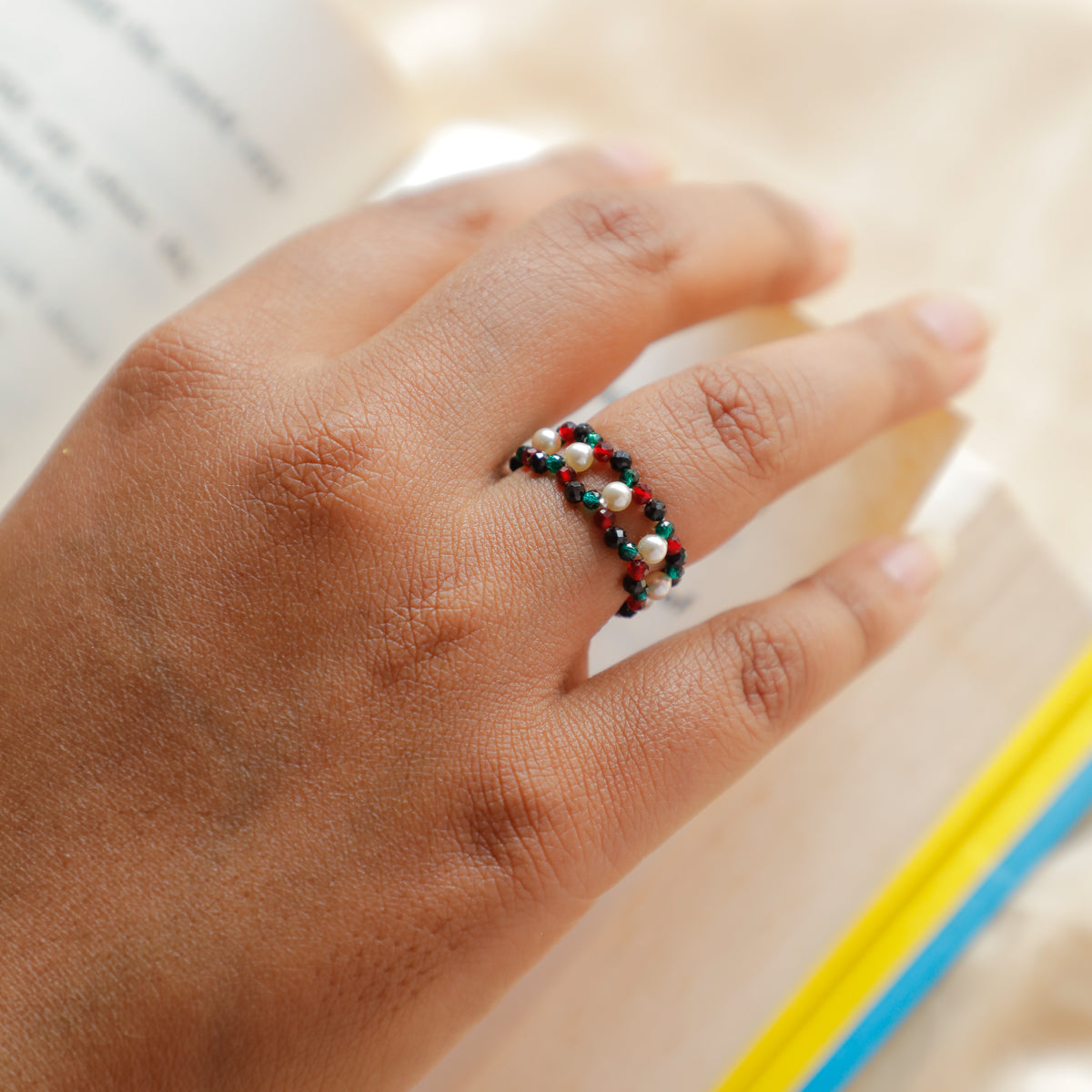 Silver Multicolor Pearls Ring