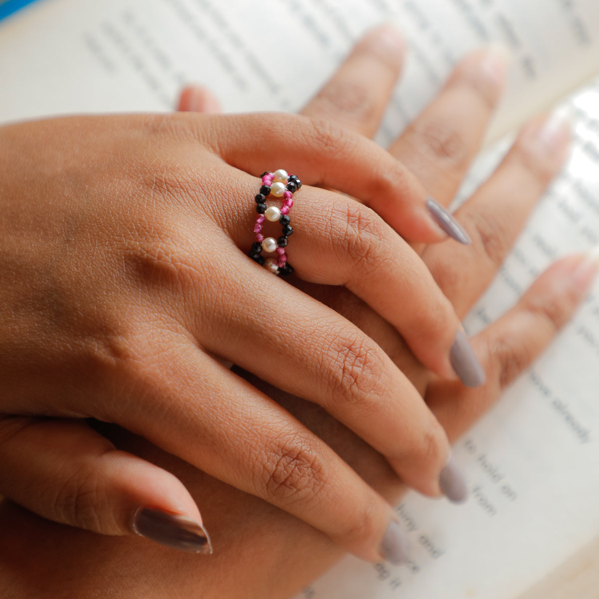 Silver Pearl Ring with Ruby and Black Spinel