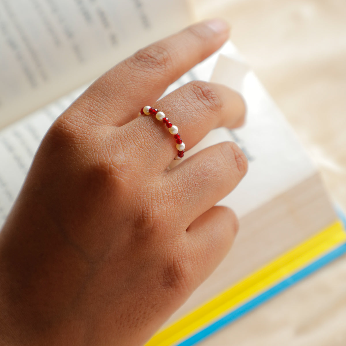 Ruby and Pearl Beaded Ring