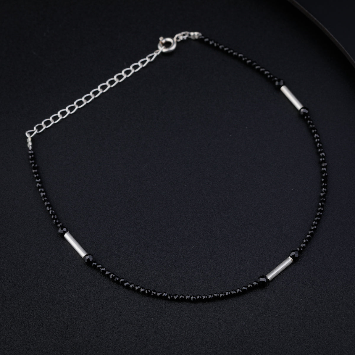 Black Spinel Anklet with  Silver Pipes