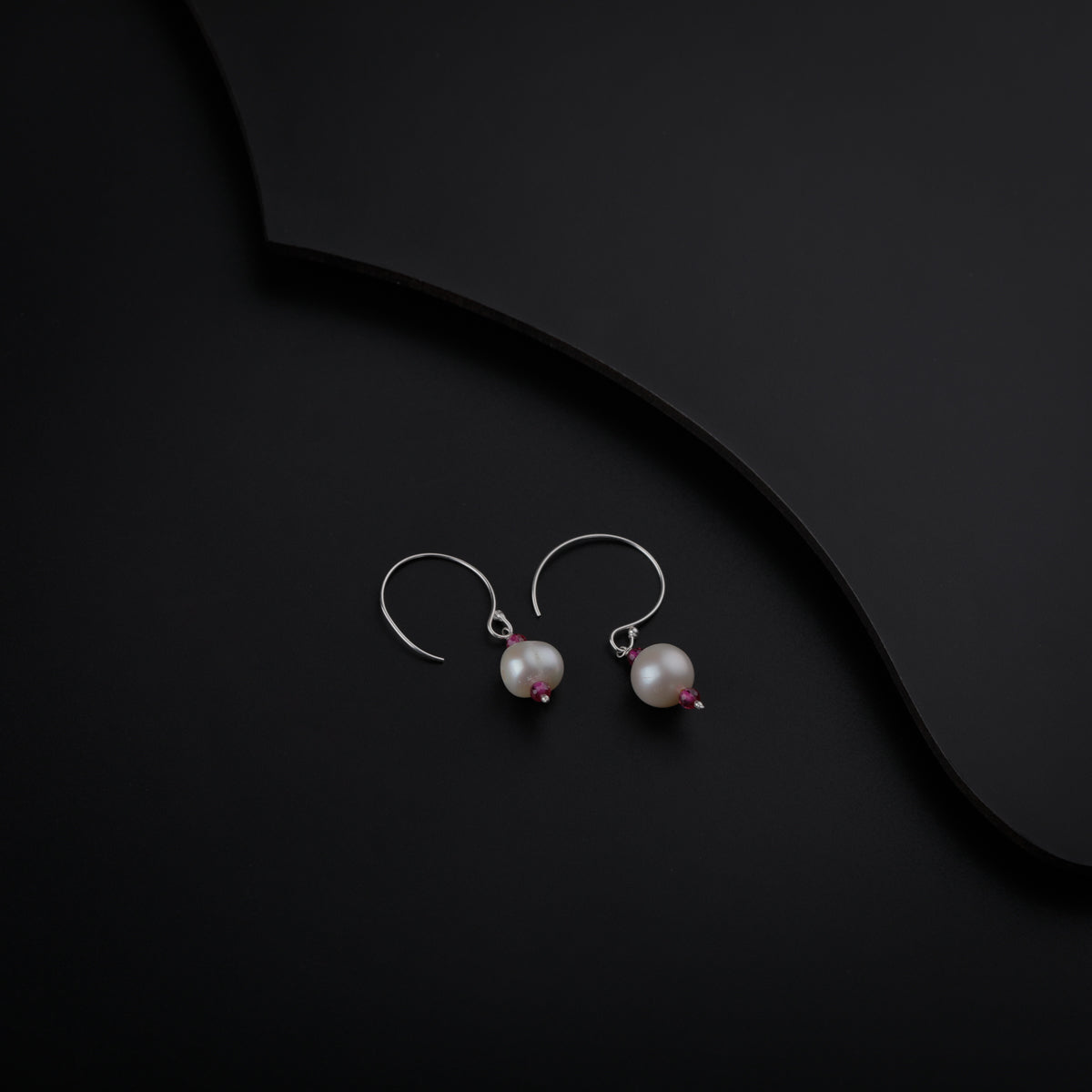 Silver Pearl Earrings with Ruby Stones