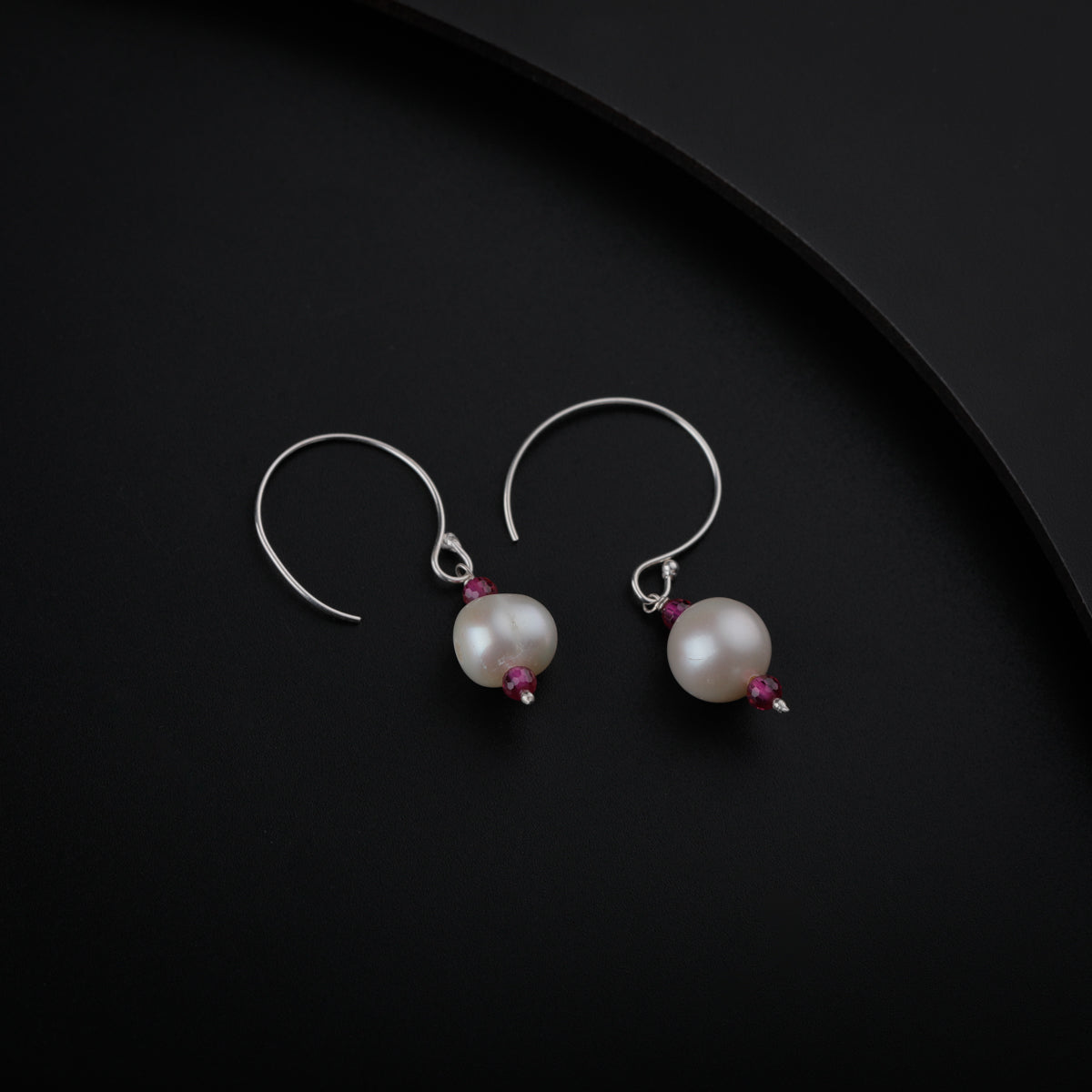 Silver Pearl Earrings with Ruby Stones