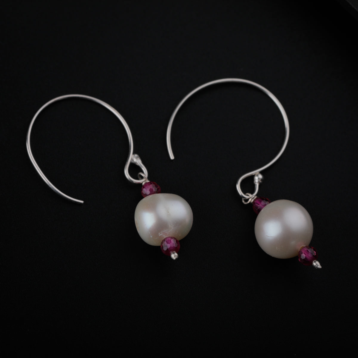 Silver Pearl Earrings with Ruby Stones