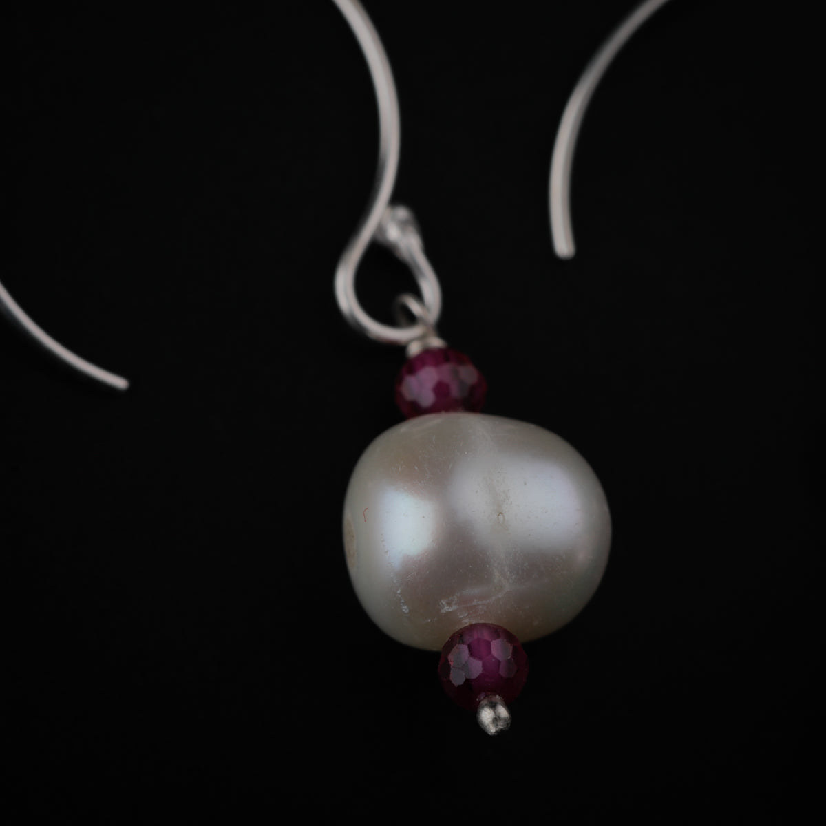 Silver Pearl Earrings with Ruby Stones