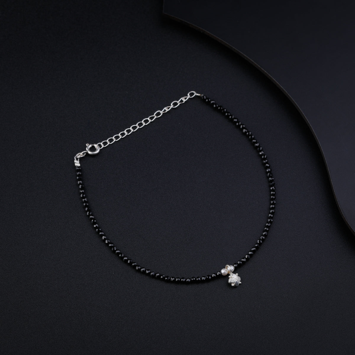 Black Spinel Anklet with Silver Charm and Pearl