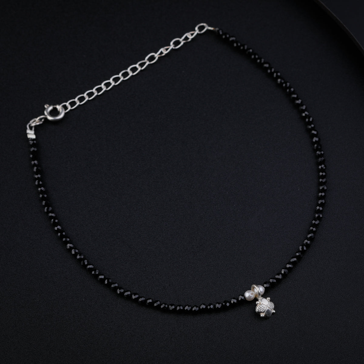 Black Spinel Anklet with Silver Charm and Pearl