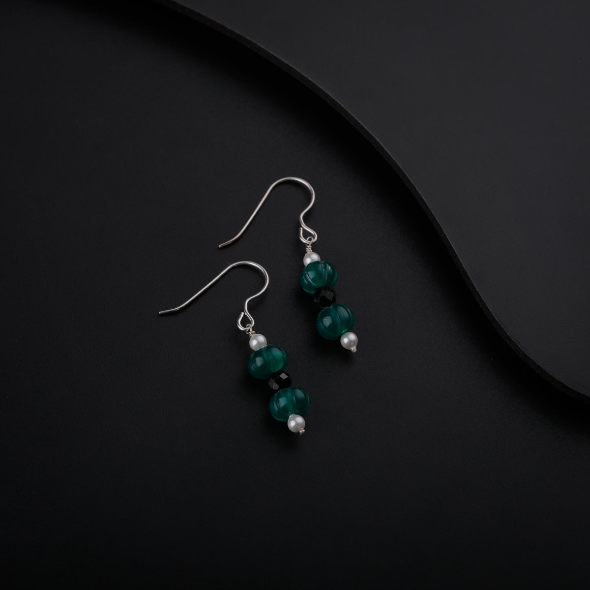 Silver Pearl Earrings with Green Onyx and Black Spinel