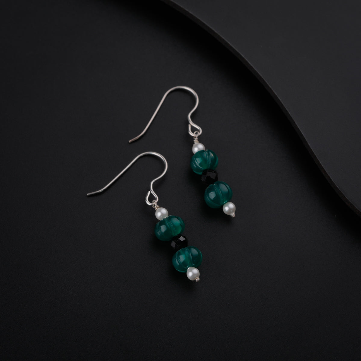 Silver Pearl Earrings with Green Onyx and Black Spinel