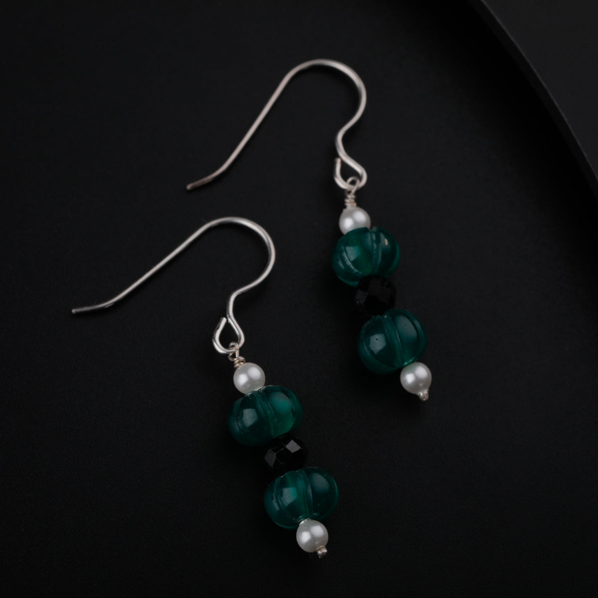 Silver Pearl Earrings with Green Onyx and Black Spinel