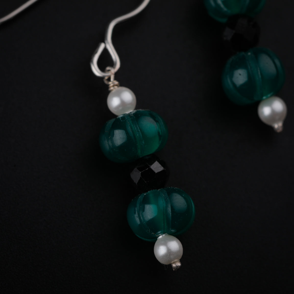 Silver Pearl Earrings with Green Onyx and Black Spinel