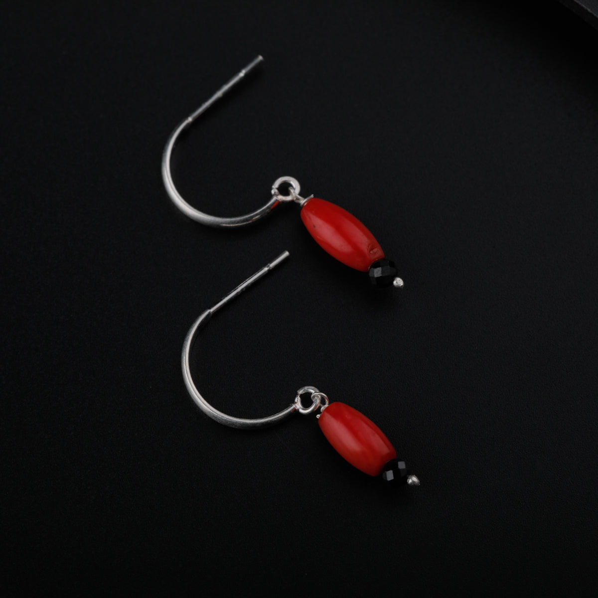 Silver Black Beads and Coral Earrings