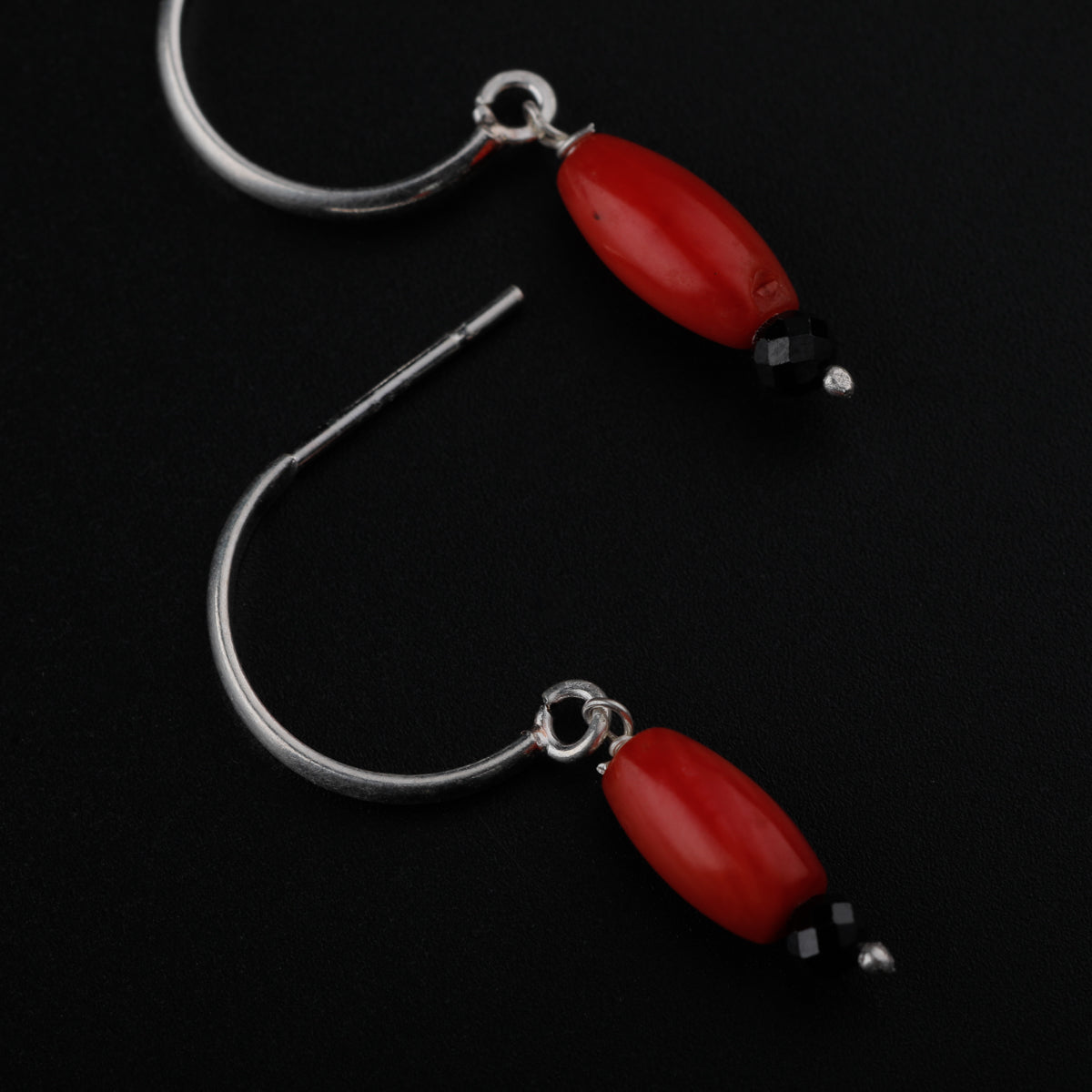 Silver Black Beads and Coral Earrings