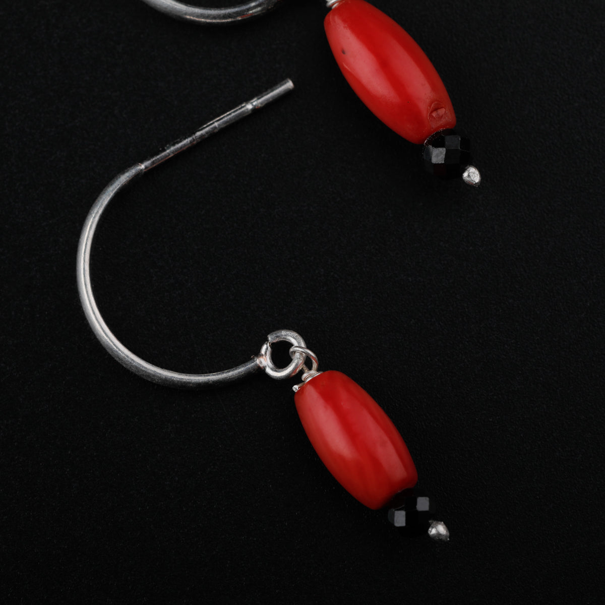 Silver Black Beads and Coral Earrings