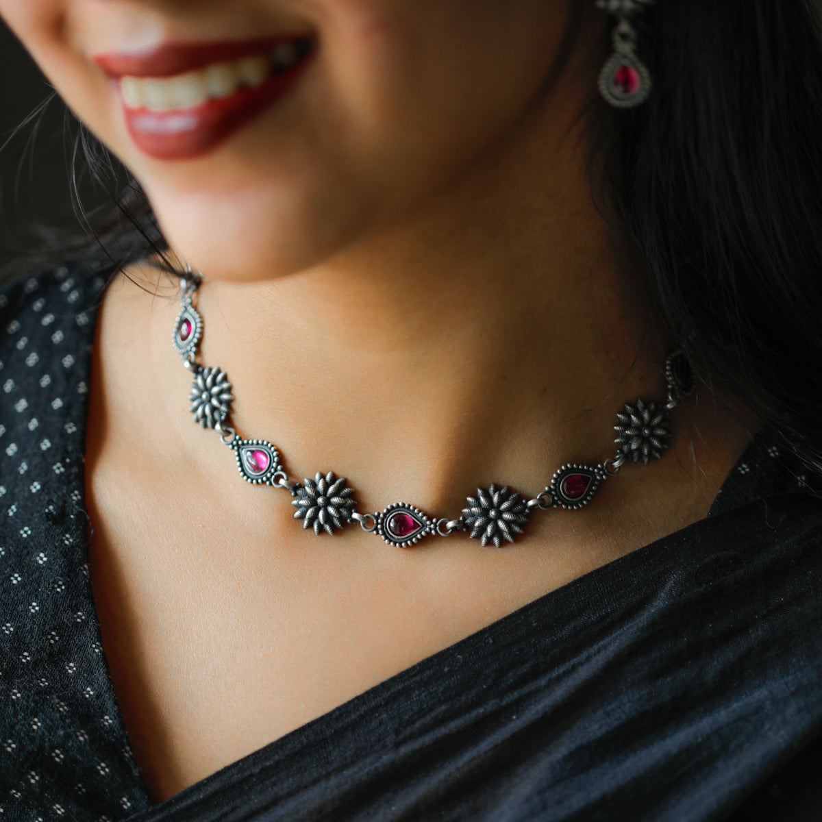 Oxidized Silver Choker Set with Ruby Stone