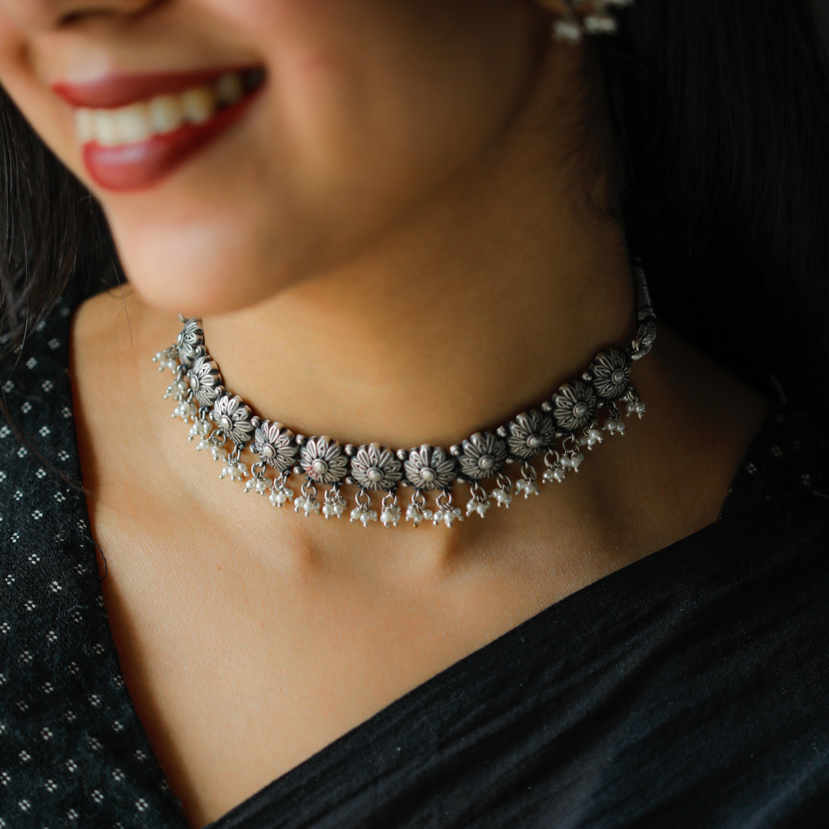 Oxidized Silver Flower Choker Set with Pearls