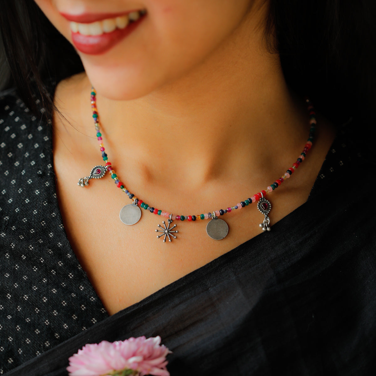 Silver 5 Charm Necklace with Multicolor Stones