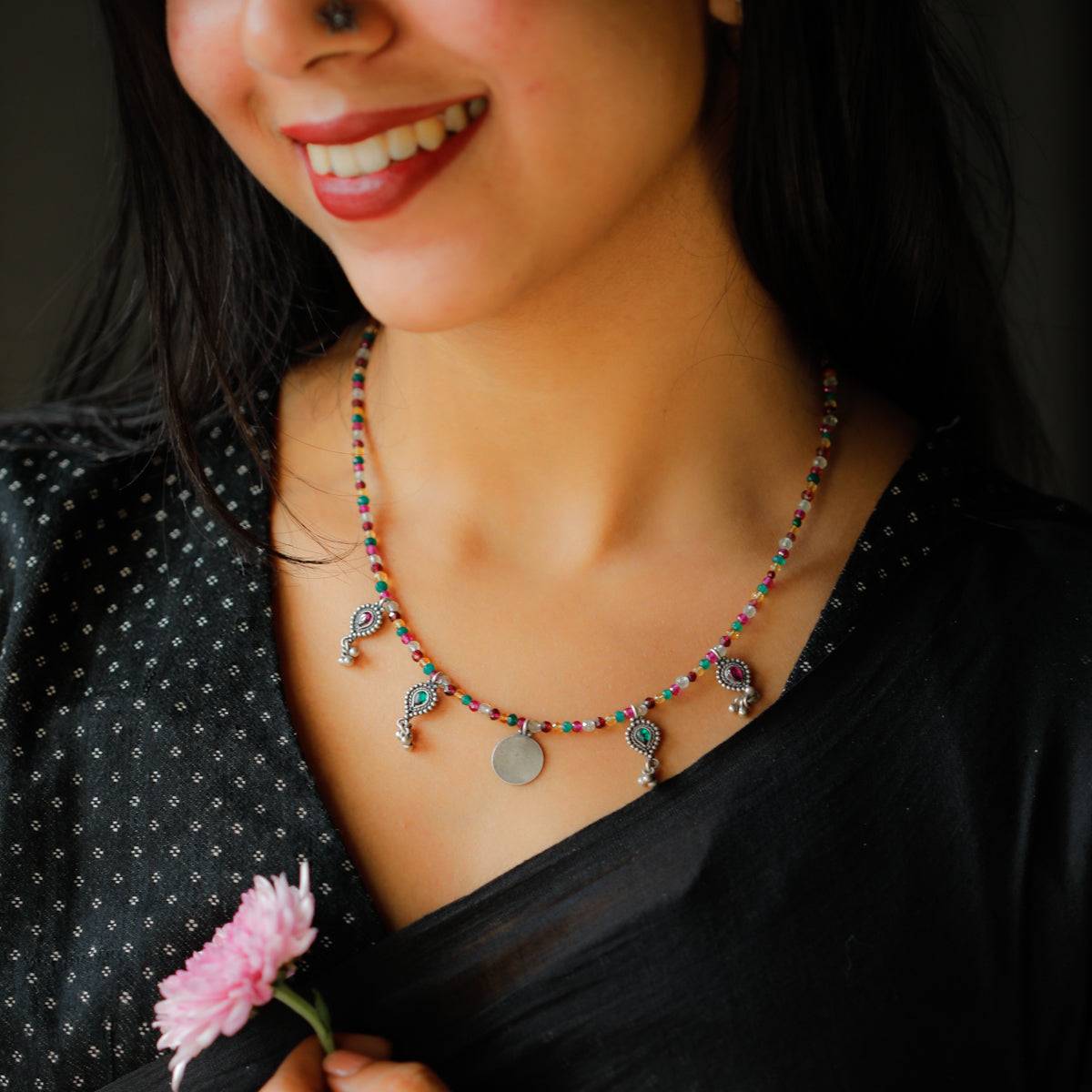 Silver 5 Charm Necklace with Multicolor Stones (Kempu Motifs)