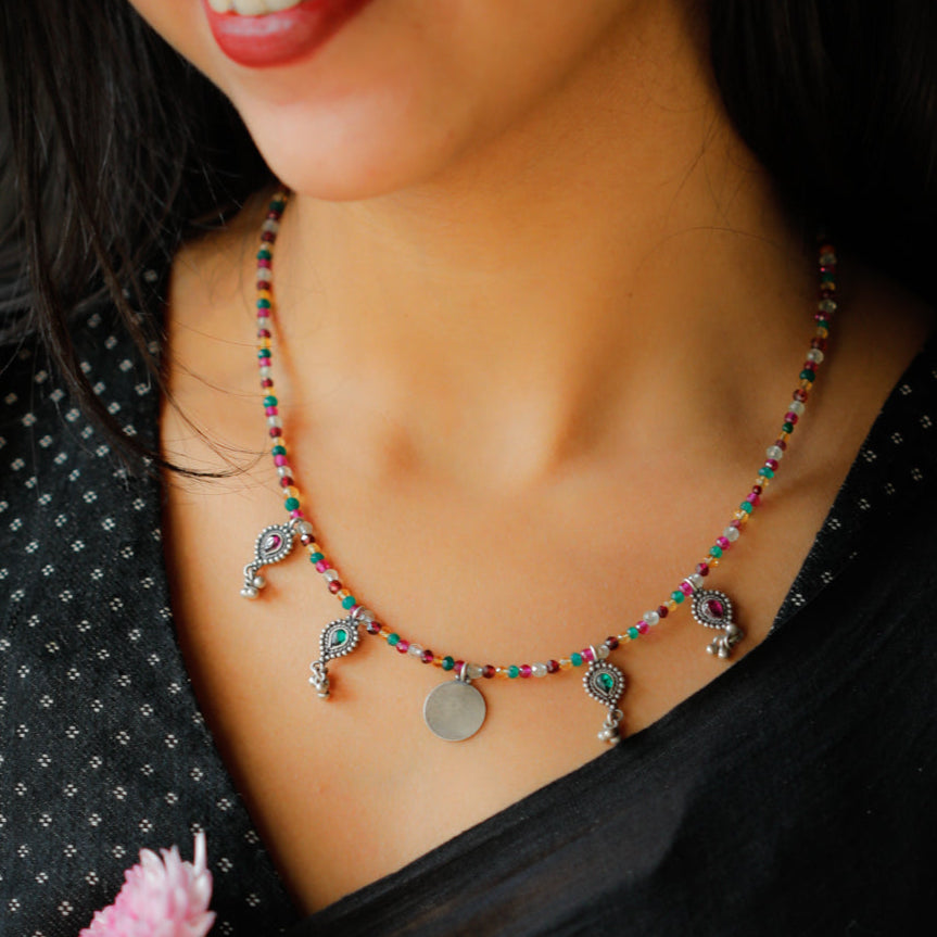 Silver 5 Charm Necklace with Multicolor Stones (Kempu Motifs)