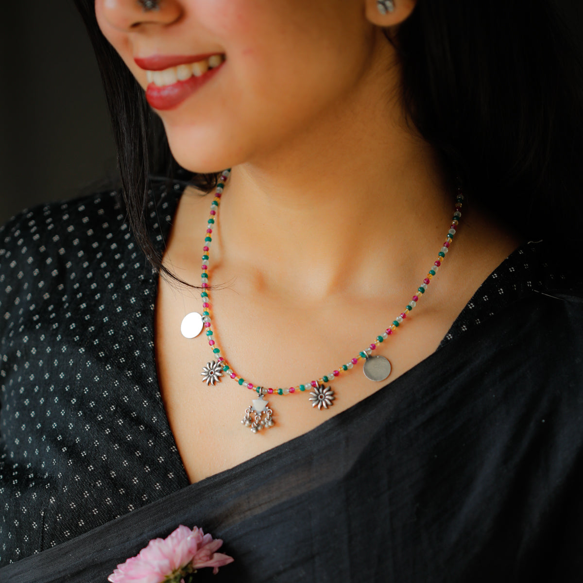 Silver 5 Charm Necklace with Multicolor Stones