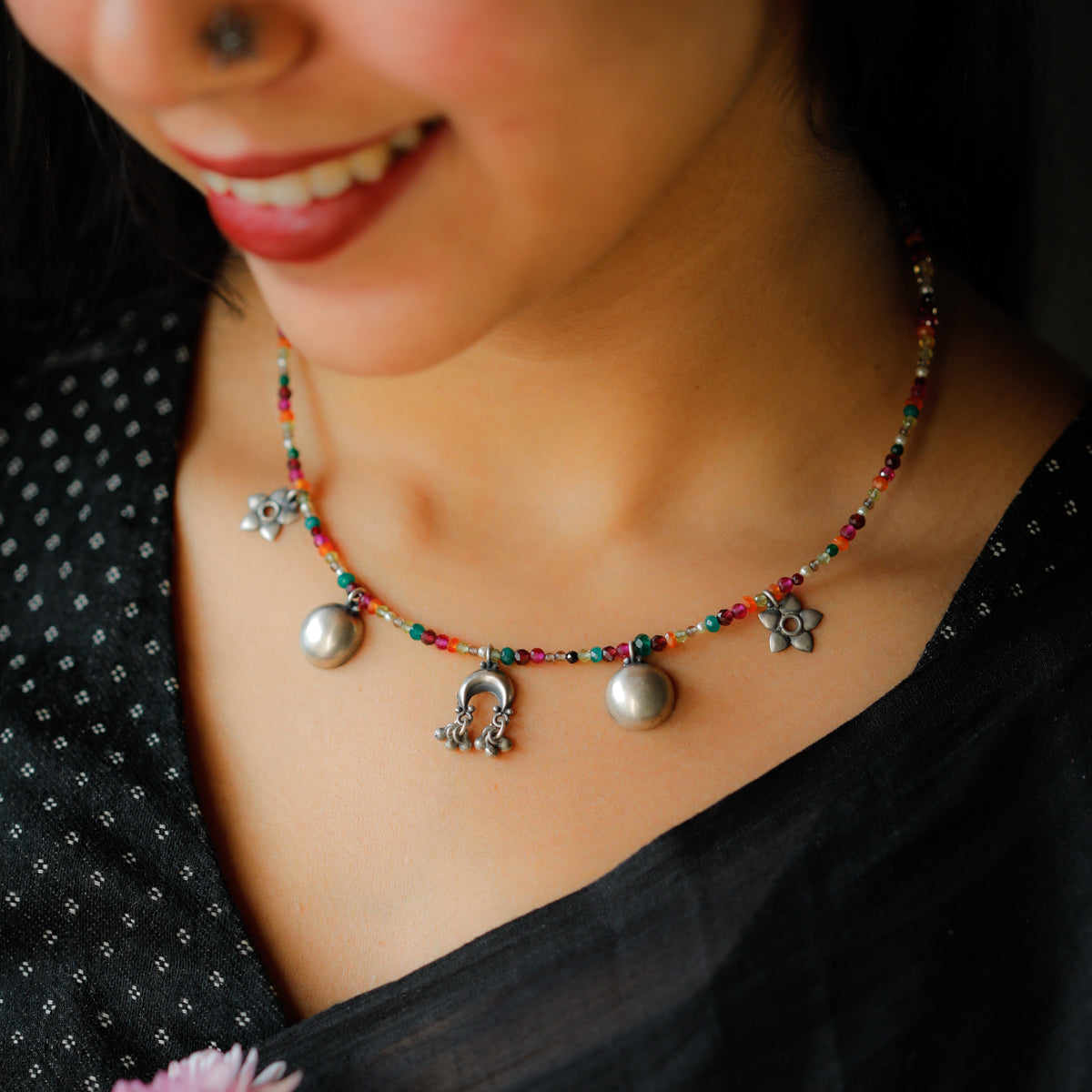 Silver 5 Charm Necklace with Multicolor Stones