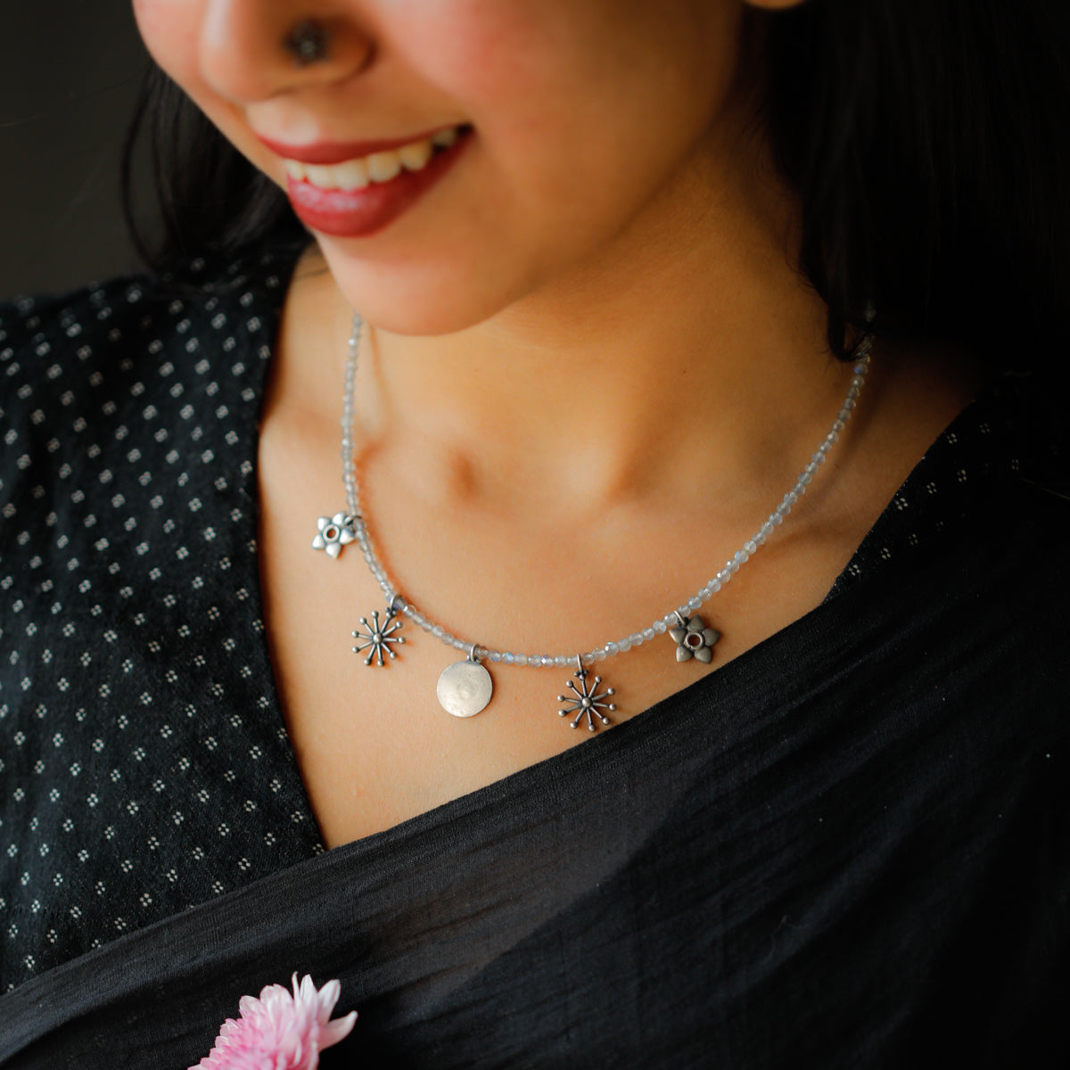 Silver 5 Charm Necklace with Crystals