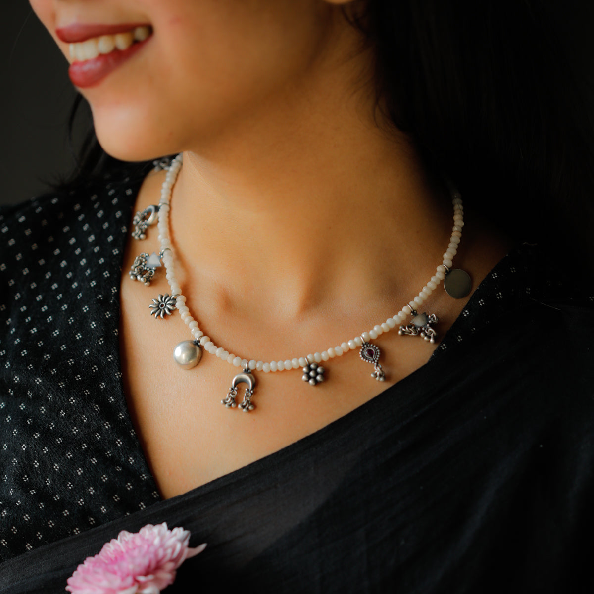 Silver Charm Necklace with Moonstone