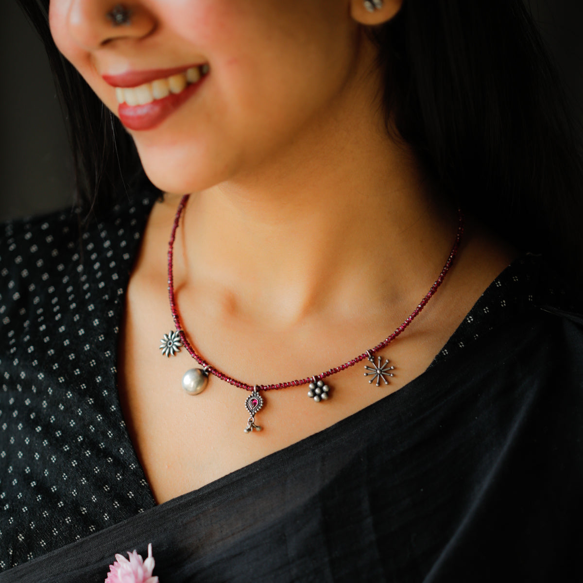 Silver 5 Charm Necklace with Garnets