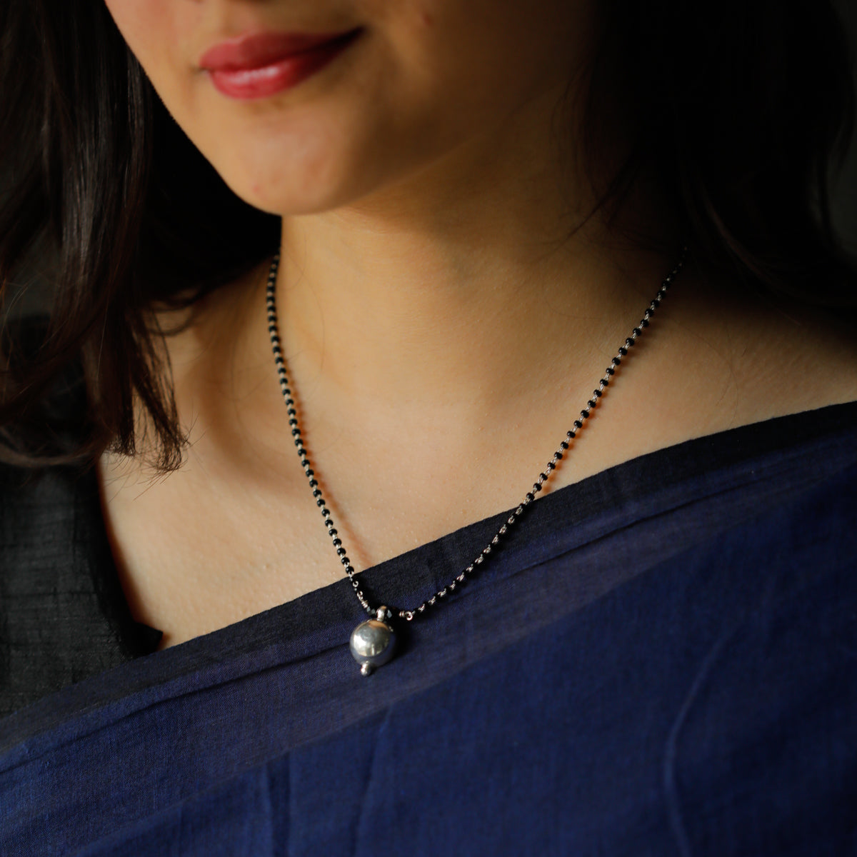 Silver Single Vatee Mangalsutra with Black Beads