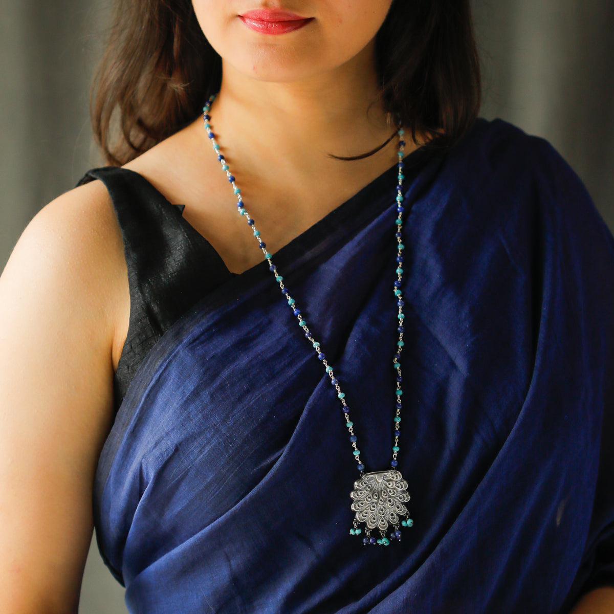 Antique Silver Necklace with Lapis and Turquoise Beads