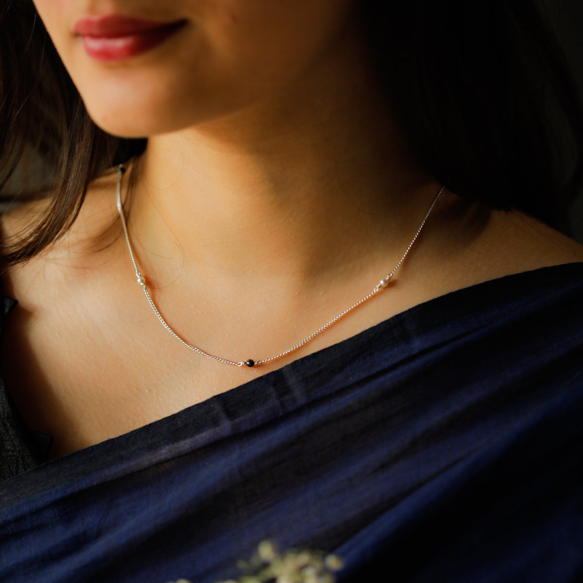 Silver Chain Mangalsutra with Pearls and Black Spinel