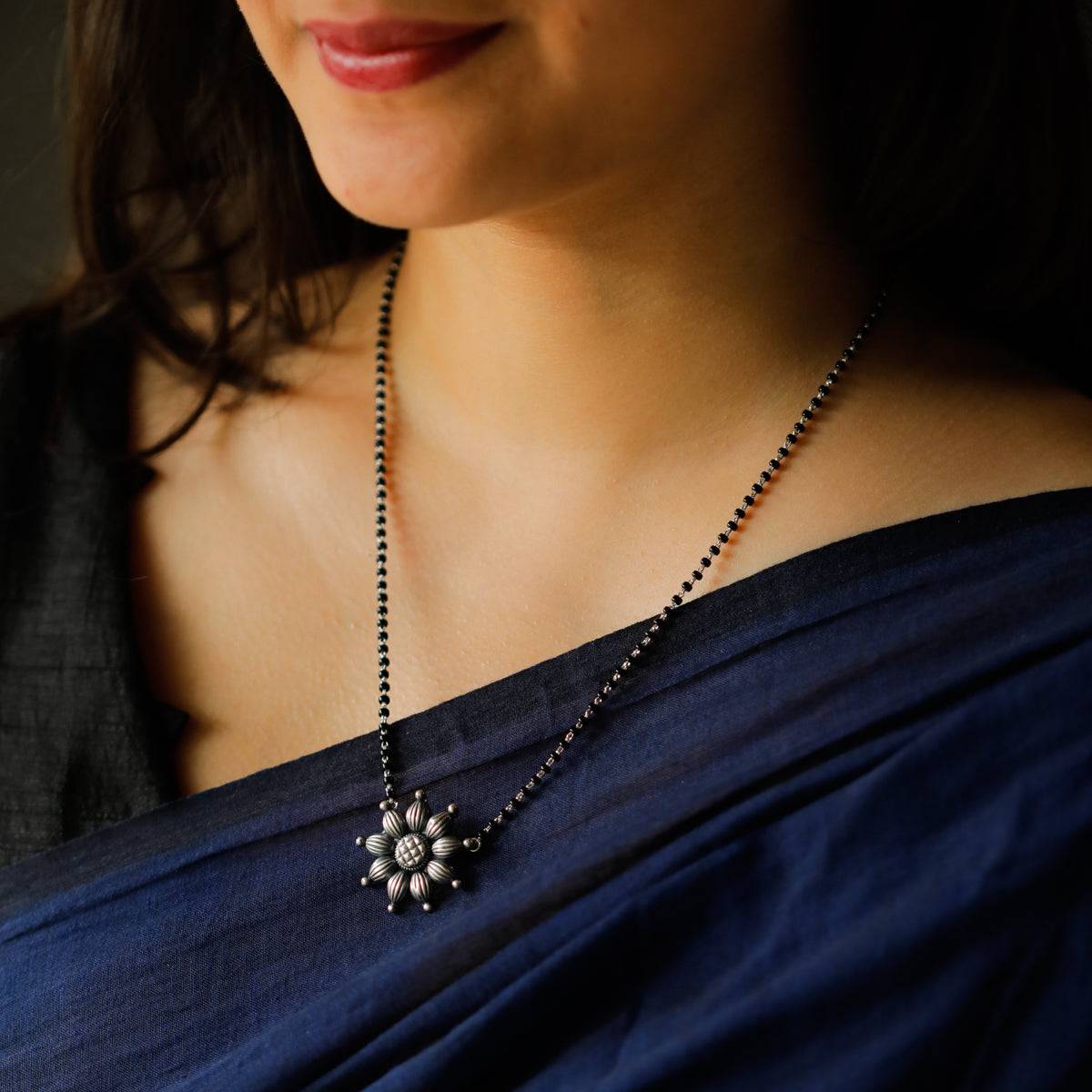 Silver Oxidized Big Flower Mangalsutra