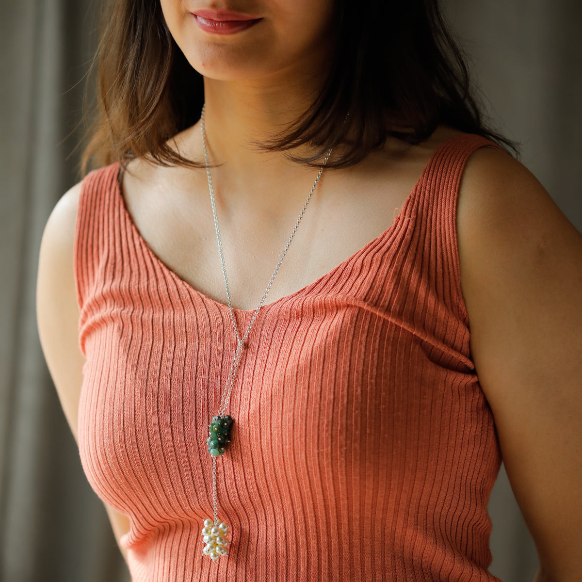 Silver Tie & Wear Necklace with Pearls & Green Rubys