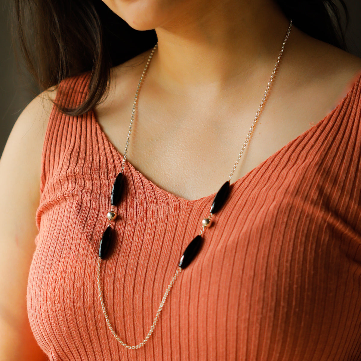 Black Onyx and Silver Bead Chain Necklace