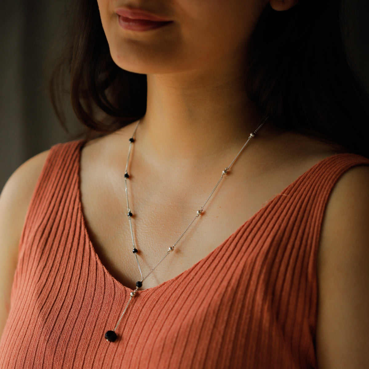 Dainty Silver Necklace With Semi Precious stones and Silver Beads