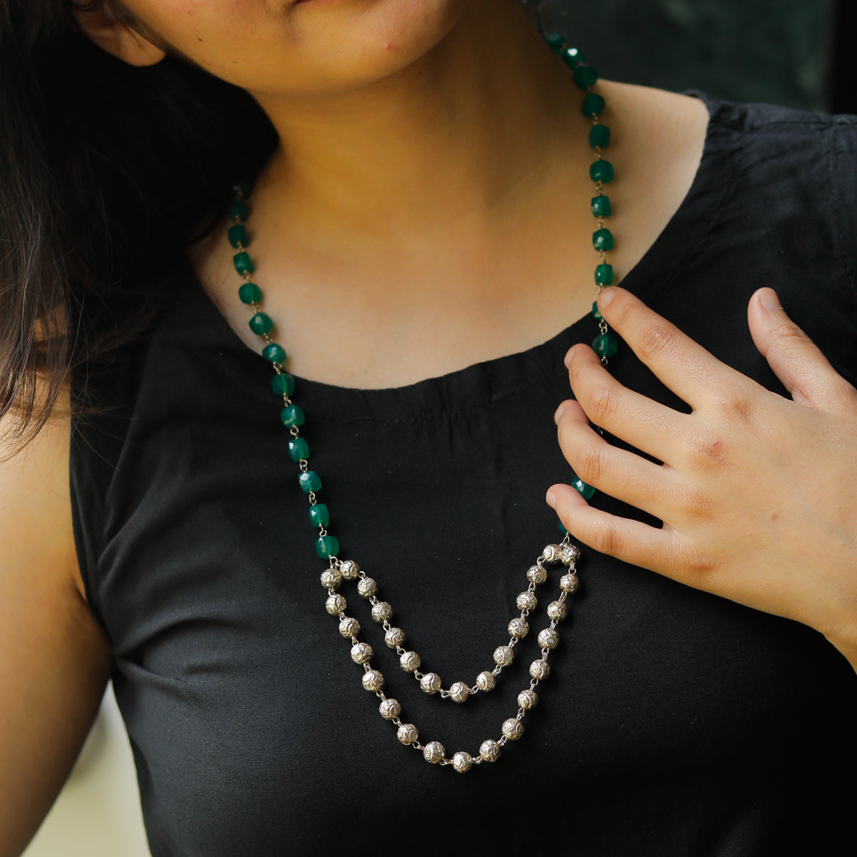 Silver Beads Necklace With Green Onyx