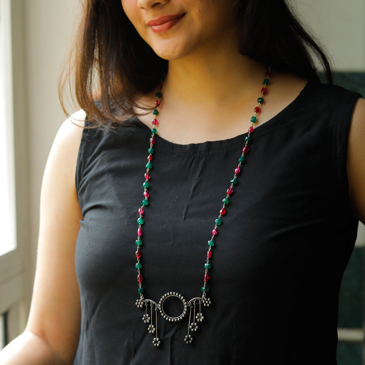 Kudi Abstract Necklace with Ruby and Green Onyx