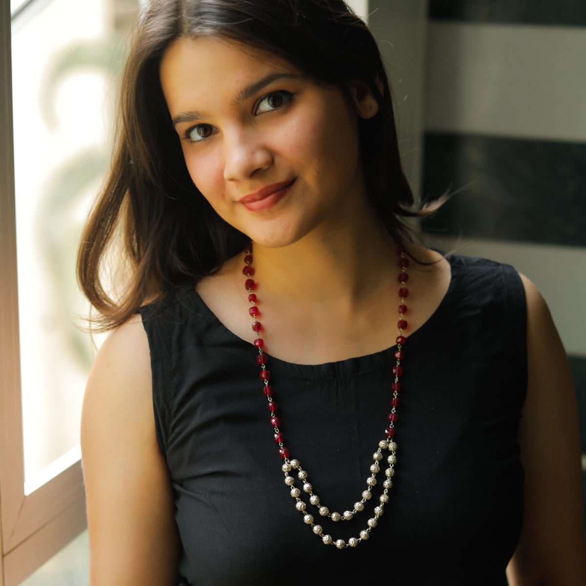 Silver Beads Necklace With Ruby