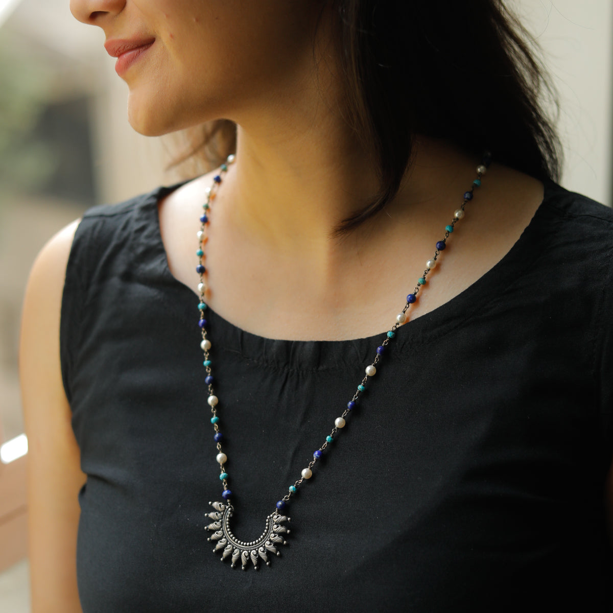 Peacock Motif Necklace with Semi Precious Stones